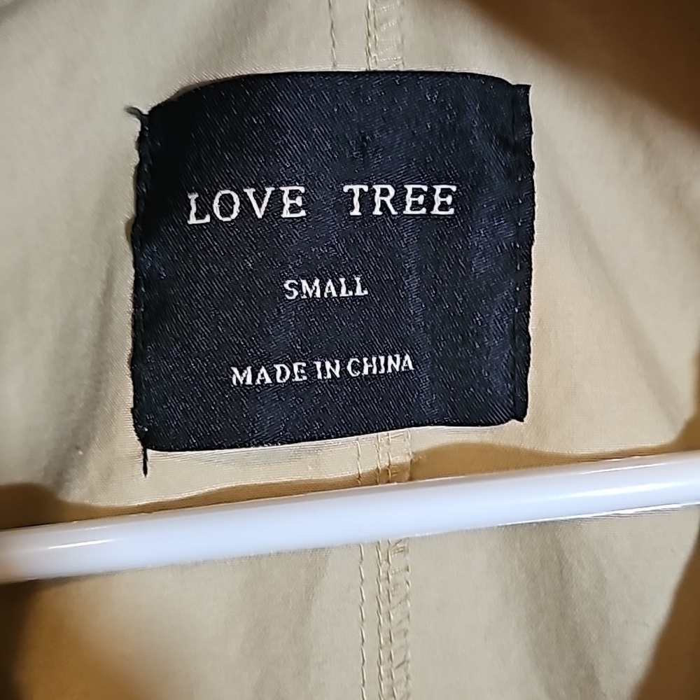 Love Tree Beige Cinched Trench Coat Jacket Zip Button Hood Pockets Cotton Size S - Picture 4 of 10
